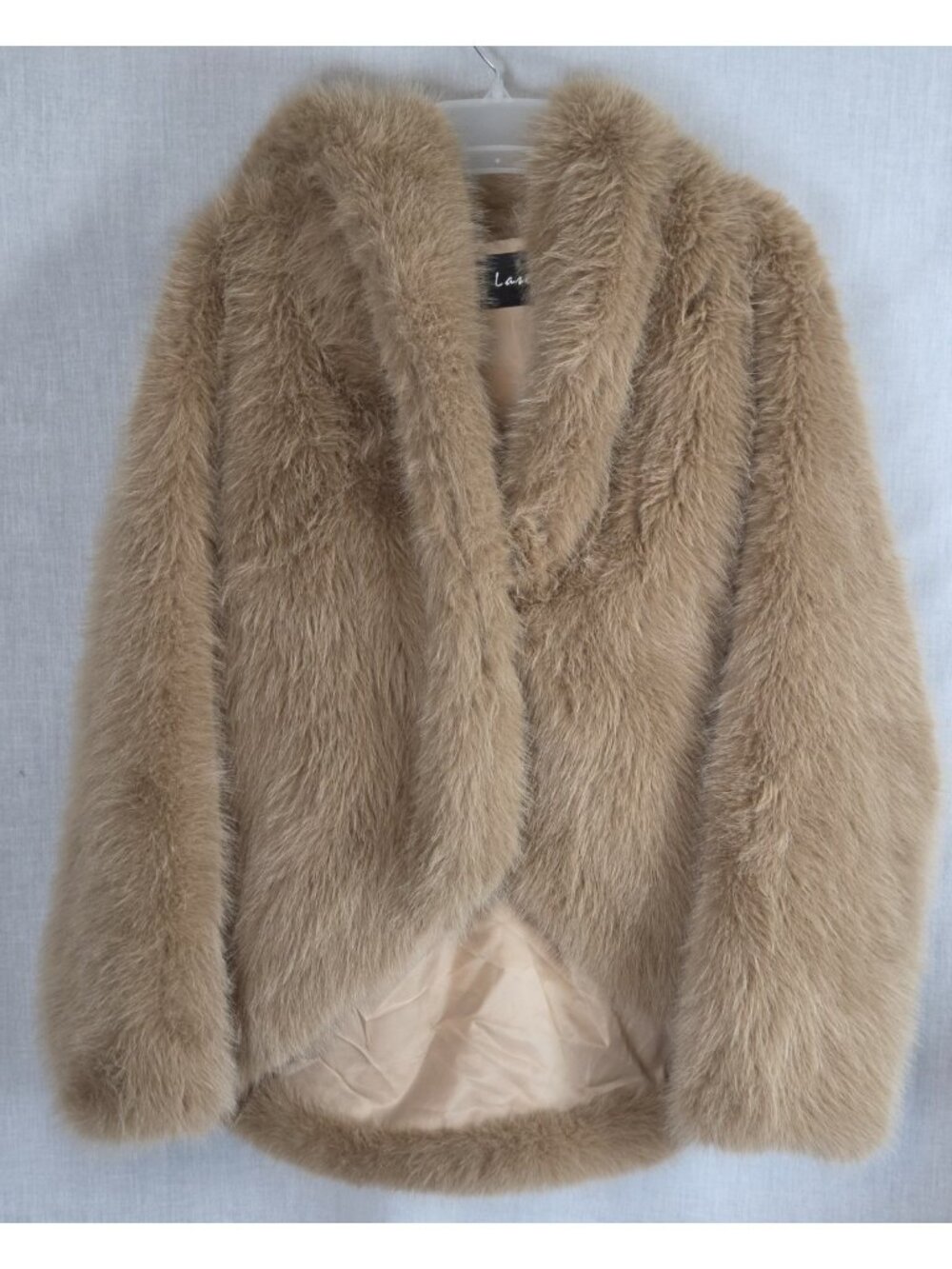 LASETI Faux Fur Coat w/ Hood Tan Sz M Winter Dressy Formal Church Stylish Cozy